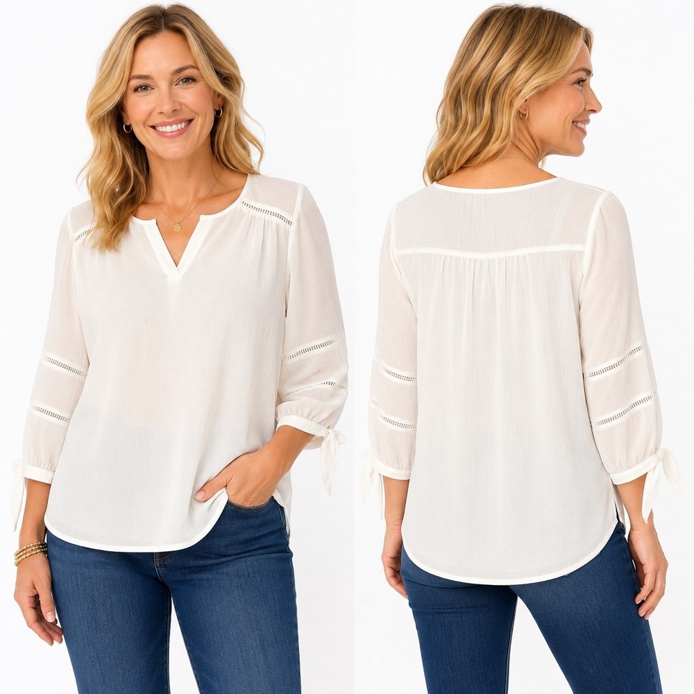 ALYX White Chiffon Ladder Lace Trim V-Neck Lined Blouse Size M Tie Sleeves